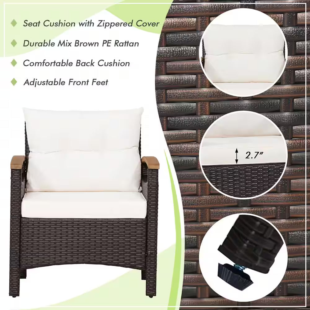Chic 3-Piece Off-White Rattan Patio Furniture Set with Plush Cushions and Stylish Wooden Table