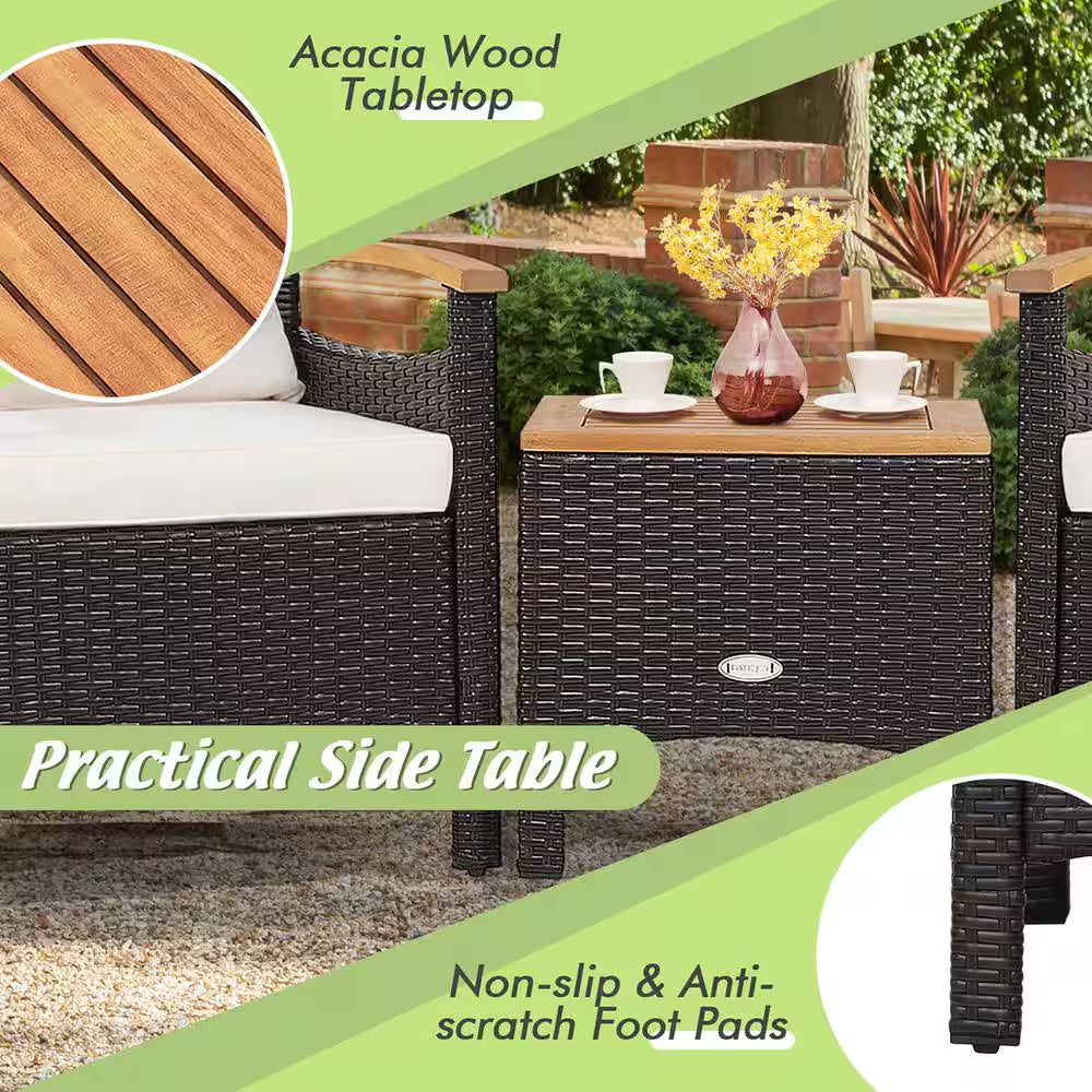 Chic 3-Piece Off-White Rattan Patio Furniture Set with Plush Cushions and Stylish Wooden Table