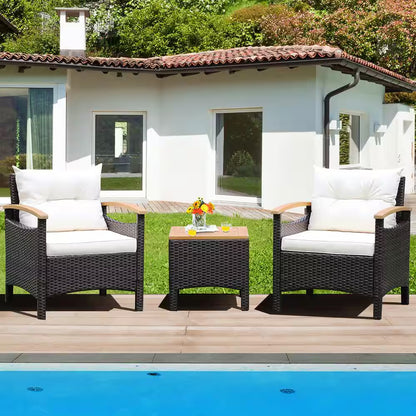 Chic 3-Piece Off-White Rattan Patio Furniture Set with Plush Cushions and Stylish Wooden Table