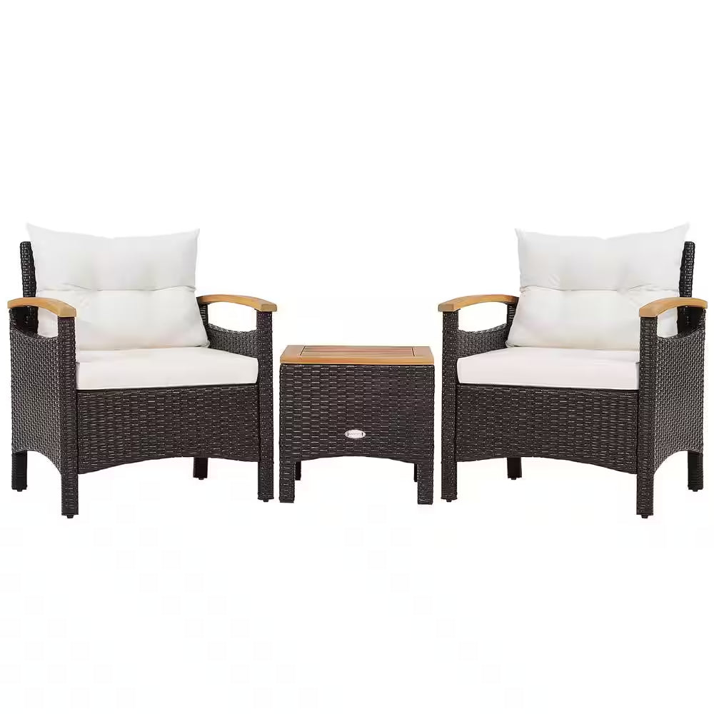 Chic 3-Piece Off-White Rattan Patio Furniture Set with Plush Cushions and Stylish Wooden Table