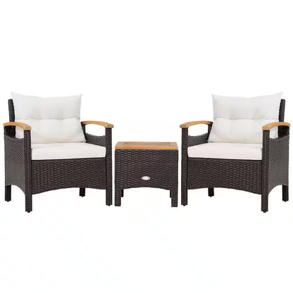 Chic 3-Piece Off-White Rattan Patio Furniture Set with Plush Cushions and Stylish Wooden Table