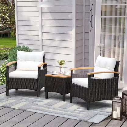 Chic 3-Piece Off-White Rattan Patio Furniture Set with Plush Cushions and Stylish Wooden Table