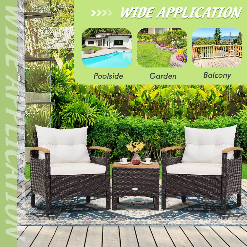 Chic 3-Piece Off-White Rattan Patio Furniture Set with Plush Cushions and Stylish Wooden Table