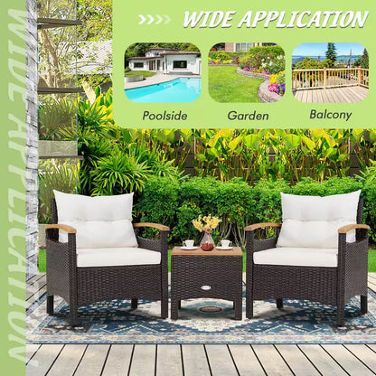 Chic 3-Piece Off-White Rattan Patio Furniture Set with Plush Cushions and Stylish Wooden Table